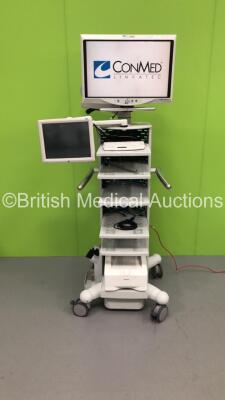 ConMed Stack Trolley Including ConMed HD 1080 P Monitor,ELO Monitor,Keyboard and Sony Printer (Powers Up)