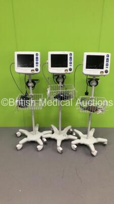 3 x Criticare Systems Inc nGenuity Patient Monitors on Stands with ECG/Resp,Temp,SpO2 and NIBP Options,3 x BP Hoses and 3 x BP Cuffs (All Power Up) * SN 209246749 / 209246770 / 209246732 *