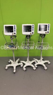 3 x Criticare Systems Inc nGenuity Patient Monitors on Stands with ECG/Resp,Temp,SpO2 and NIBP Options,3 x BP Hoses and 1 x BP Cuff (All Power Up) * SN 209246664 / 209246771 / 209246757 *