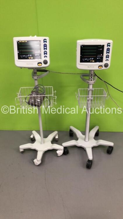 2 x Criticare Systems Inc nGenuity Patient Monitors on Stands with ECG/Resp,Temp,SpO2 and NIBP Options,3 x BP Hoses,3 x BP Cuffs and 3 x 3-Lead ECG Leads (Both Power Up-Loose Panel to Rear-See Photos) * SN 209246673 / 209246761 *