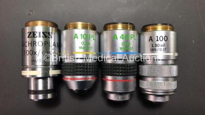 Job Lot Including 1 x Olympus CH40 Microscope (Incomplete) with 4 x Optics (1x Olympus A 100 1.30 Oil - 1 x OLYMPUS A 40 PL 0.65 - 1 x Olympus A 10 PL 0.25 - 1 x Zeiss ACHROPLAN 100x/1,25 Oil) and Various Microscope Accessories *0804831* - 7