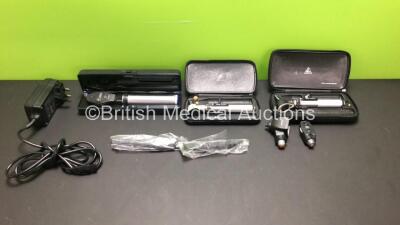 Job Lot Including 2 x Heine Alpha Otoscope - Ophthalmoscopes in Cases with 3 x Attachments, 1 x Keeler Vista 20 Otoscope in Case with 2x Attachments and 2 x Keeler Power Supplies