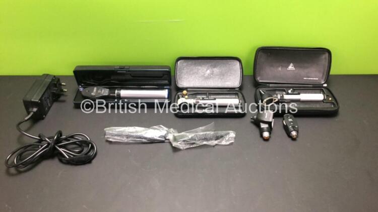 Job Lot Including 2 x Heine Alpha Otoscope - Ophthalmoscopes in Cases with 3 x Attachments, 1 x Keeler Vista 20 Otoscope in Case with 2x Attachments and 2 x Keeler Power Supplies