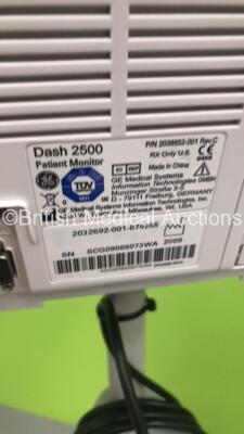 GE Dash 2500 Patient Monitor on Stand with SpO2,ECG and NIBP Options (Powers Up) * SN SCG09088073WA * * Mfd 2009 * - 7