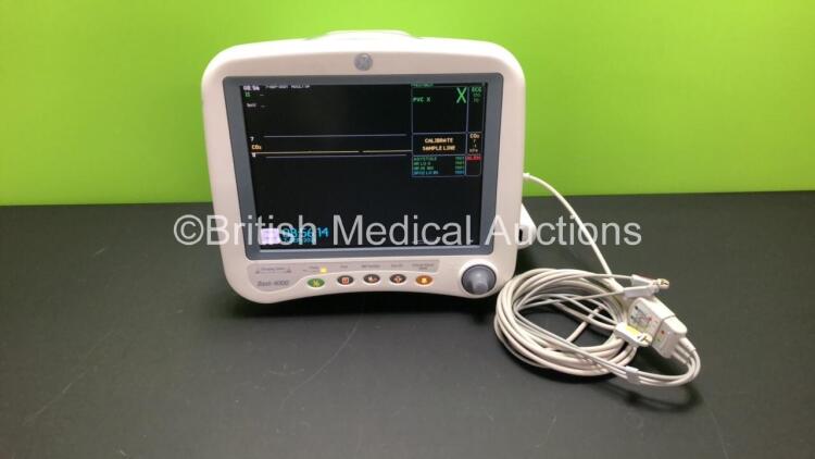 GE Dash 4000 Patient Monitor Including ECG, NBP, CO2, BP1, BP2, SpO2 and Temp/co Options and with ECG Lead and CO2 Module *Mfd 2009* (Powers Up)
