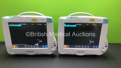 2 x Philips Intellivue MP50 Anesthesia Touch Screen Patient Monitors Version J.10.45 (Both Power Up) *Mfd 2008-03* with 3 x Press Modules