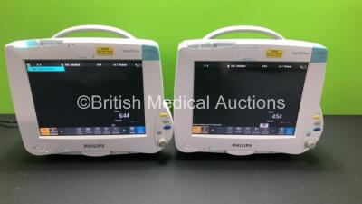 2 x Philips Intellivue MP50 Anesthesia Touch Screen Patient Monitors Version J.10.45 (Both Power Up) *Mfd 2008-03* with 3 x Press Modules