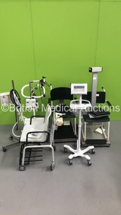 3 x Sitdown Weighing Scales, 1 x Seca Stand on Scales, 1 x eme tricomed Infant Flow CPAP Driver on Stand, 1 x Welch Allyn Connex Monitor (Damaged) and 1 x FreeHand Prosurgics Robotic Camera Holder and Positioner for Laparoscopic Surgery