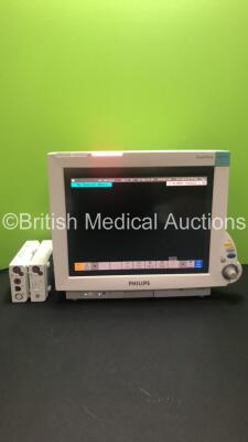 Philips IntelliVue MP70 Patient Monitor M8007A *Mfd 2006* with Philips M3001A Module with Press, Temp, NBP, SPO2 and ECG/Resp Options *Mfd 2015* and Philips M3015A Microstream Module with Press Temp and CO2 Options *Mfd 2020* (Powers Up) *S/N DE907V7121 /