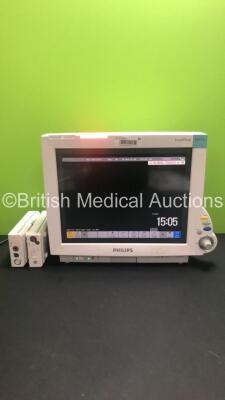 Philips IntelliVue MP70 M8007A Patient Monitor *Mfd 2008* with Philips M3001A Module with NBP, SPO2 and ECG/Resp Options *Mfd 2007 *and Philips M3015A Microstream Module with Press Temp and CO2 Options *Mfd 2008 * (Powers Up) *S/N DE73166160 / DE43533345 