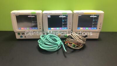 3 x Fukuda Denshi DS-7100 Patient Monitors Including ECG, SpO2, BP, TEMP, NIBP and Printer Options, 3 x BP Hoses and 3 x ECG Connector Leads (All Power Up - 1 x Cracked Grill - See Pictures)