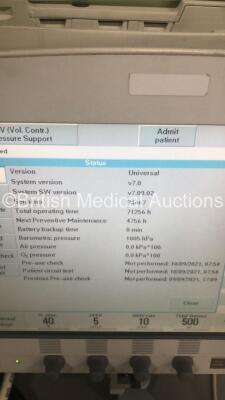 Maquet Servo i Ventilator System Version V7.0 System Software Version V7.00.02 Total Operating Hours 71256 (Powers Up - No Stand - Screen Not Attached to Body) *S/N FS0146749* - 3