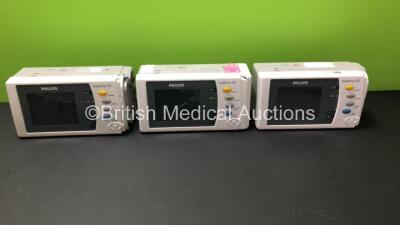 3 x Philips IntelliVue X2 Handheld Patient Monitors Including ECG, SpO2, NBP, Temp, and Press Options (2 x Power Up , 1 x No Power - all with Casing Damage, see Photos)