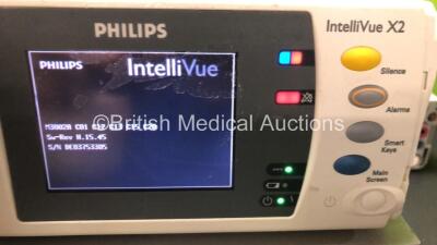 3 x Philips IntelliVue X2 Handheld Patient Monitors Including ECG, SpO2, NBP, Temp, and Press Options (2 x Power Up , 1 x No Power - all with Casing Damage, see Photos) - 3