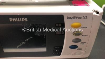 3 x Philips IntelliVue X2 Handheld Patient Monitors Including ECG, SpO2, NBP, Temp, and Press Options (2 x Power Up , 1 x No Power - all with Casing Damage, see Photos) - 5