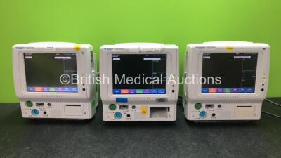 3 x Fukuda Denshi DS-7100 Patient Monitors Including ECG/RESP, SpO2, NIBP, TEMP, BP and Printer Options (All Power Up, 1 with Missing Printer Cover-See Photo)