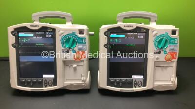 2 x Philips Heartstart MRx Defibrillators Including Pacer, ECG and Printer Option with 2 x Philips M3539A Batteries, 2 x Philips M3538 Module (Both Power Up)