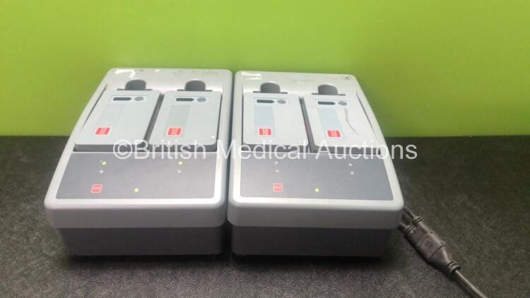 2 x Physio Control Ref 11141-000107 Station Li-ion Battery Chargers with 4 x Physio Control Ref 21330-001176 Li-ion Rechargeable Batteries (Both Power Up) *SN LP15S00281, LP15S02475*