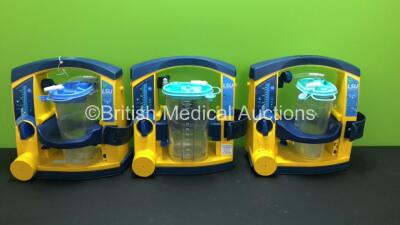 3 x Laerdal Suction Units with 3 x Suction Cups and 3 x Lids (All Power Up with Some Missing Front Casing - See Photos) *78111971370 - 78470966947 - 78080956993*