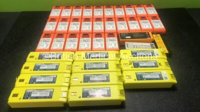 Job Lot of Batteries Including 26 x Cardiac Science Powerheart G5 Ref XBATAED001A Intellisense Batteries, 1 x Physio Control Lifepak 500 AED Battery, 1 x LSU Battery, 1 x CU Medical Systems CUSA1103BB Battery and 11 x Cardiac Science Ref 9146-202 Powerhea