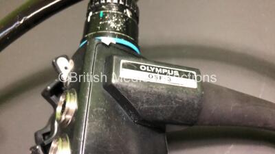 Olympus OSF-3 Sigmoidoscope in Case - Engineer's Report : Optical System - 50+ Broken Fibers, Misty View and Condensation, Angulation - Not Reaching Specification, Insertion Tube - Badly Worn, Light Transmission - 50% Light Loss, Channels - No Fault Found - 3