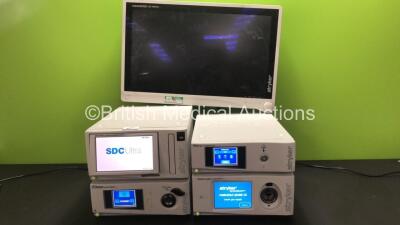 Stryker Stack System Including Stryker VisionPro LED Display (Untested Due to No Power Supply), 1 x Stryker SDC Ultra HD Information Management System *Version - 7.0G* (Powers Up with Application Critical Error), Stryker L9000 LED Light Source, Stryker 12