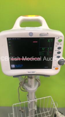 1 x GE Dash 3000 Patient Monitor on Stand with SpO2,Temp/CO,NBP and ECG Options and 1 x GE Dash 3000 Patient Monitor on Stand with SpO2,Temp/CO,CO2,NBP and ECG Options (Both Power Up) - 2