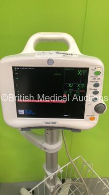 1 x GE Dash 3000 Patient Monitor on Stand with SpO2,Temp/CO,NBP and ECG Options and 1 x GE Dash 3000 Patient Monitor on Stand with SpO2,Temp/CO,CO2,NBP and ECG Options (Both Power Up) - 6