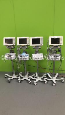 4 x Drager Infinity Delta Patient Monitors on Stands with MemoMed 1, MultiMed, Aux/Hemo2, Aux/Hemo3 and Selection of Leads / Cables (All Power Up) *S/N 6004741070 / 5399482557 / 5399367156 / 5399390558*