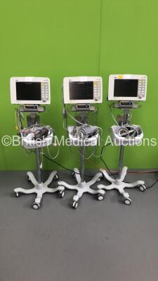 3 x Drager Infinity Delta Patient Monitors on Stands with MemoMed 1, MultiMed, Aux/Hemo2, Aux/Hemo3 and Selection of Leads / Cables (All Power Up) *S/N 5399462160 / 5399488845*