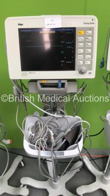 3 x Drager Infinity Delta Patient Monitors on Stands with MemoMed 1, MultiMed, Aux/Hemo2, Aux/Hemo3 and Selection of Leads / Cables (All Power Up) *S/N 5399462160 / 5399488845* - 5