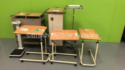 Mixed Lot Including 3 x Over The Bed Tables,2 x Bristol Maid Crash Trolleys,1 x Stainless Steel Instrument Tray on Trolley and 1 x Seca Standing Weighing Scales