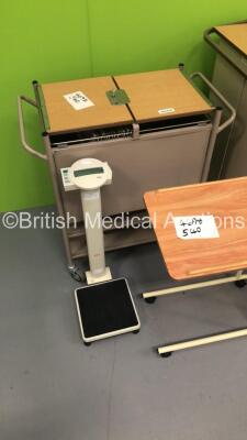 Mixed Lot Including 3 x Over The Bed Tables,2 x Bristol Maid Crash Trolleys,1 x Stainless Steel Instrument Tray on Trolley and 1 x Seca Standing Weighing Scales - 3