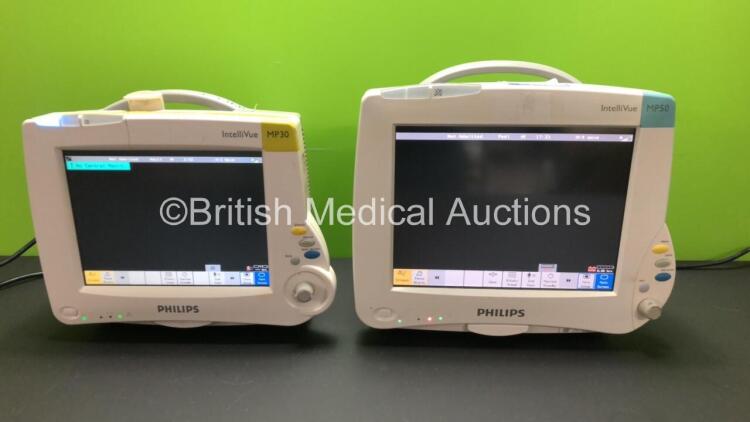 1 x Philips MP50 IntelliVue Patient Monitor SW-Rev D.00.58 and 1 x Philips MP30 IntelliVue Patient Monitor SW-Rev C.00.82 - Some Casing Damage,See Photos (Both Power Up) *DE44020290 - DE54019627*