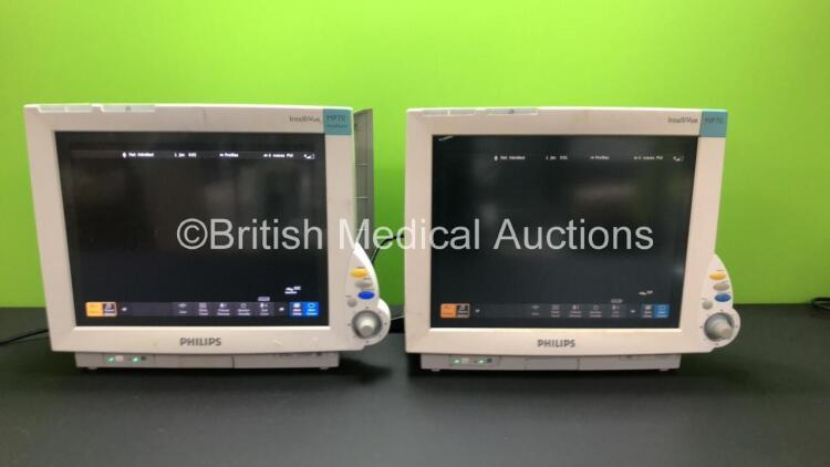 2 x Philips IntelliVue MP70 Touch Screen Patient Monitors Software Version H.15.45 / J.10.54*Mfd 2013 / 2005* (Both Power Up) *DE52032115 - DE843B7295*