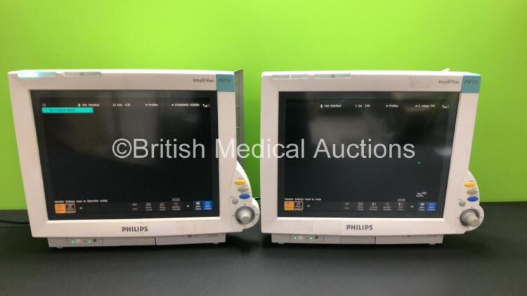 2 x Philips IntelliVue MP70 Touch Screen Patient Monitors Software Version J.10.54 / J.10.54 *Mfd 2007 / 2007* (Both Power Up) *DE73164978 - DE61751590*