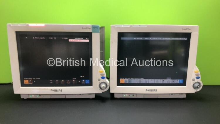 2 x Philips IntelliVue MP70 Touch Screen Patient Monitors Software Version L.01.17 / G.01.80*Mfd 2013 / 2005* (Both Power Up) *DE52034757 - DE84381719*