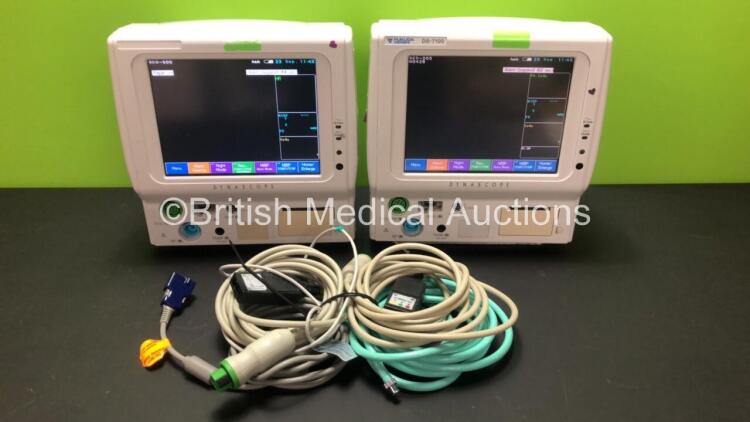 2 x Fukuda Denshi DS-7100 Patient Monitors with 2 x ECG Leads, 2 x NIBP Leads and 1 x SpO2 Lead (Both Power Up)