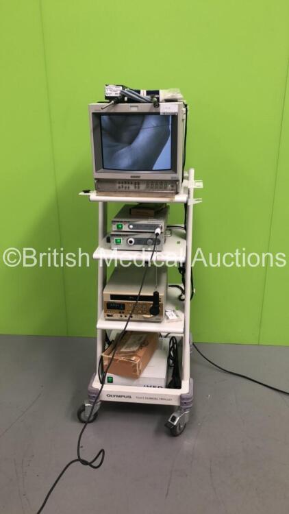 Olympus TC-C1 Clinical Trolley with Sony Trinitron Monitor, Olympus OTV-SC Digital Processor, Olympus OTV-SC Camera Head, Olympus CLH-SC Light Source and Panasonic AG-MD835 Video Cassette Recorder (Powers Up) *S/N 2000486 / 7406078 / 74043715*