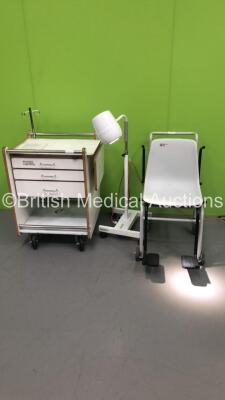 1 x Seca Wheelchair Weighing Scales (Missing Battery Cover), 1 x Daray Nviro LED Patient Examination Lamp (Powers Up with Good Bulb) and 1 x Physio Control Crash Trolley *S/N 5955028154969*