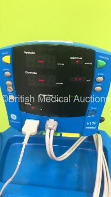 2 x GE Carescape V100 Vital Signs Monitors on Stands with SPO2 Finger Sensors and BP Hoses (Both Power Up) - 5