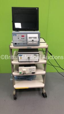 Linvatec Trolley with Flat Vision Monitor, ERBE IES 300 Smoke Evacuator, Endo Optiks E4 Light Source and Olympus OES CLV-S20 Light Source (Powers Up)