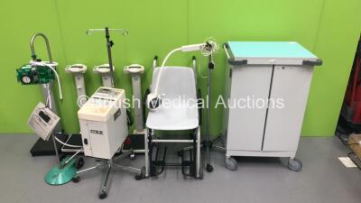 Large Mixed Lot Including 1 x Bristol Maid Crash Trolley,3 x Marsden Standing Weighing Scales,1 x Seca Standing Weighing Scales, 1 x Cincinnati Sub-Zero Unit on Stand,1 x Mark 7 Respirator on Stand,1 x Marsden Seated Weighing Scales and 1 x Albert Waeschl