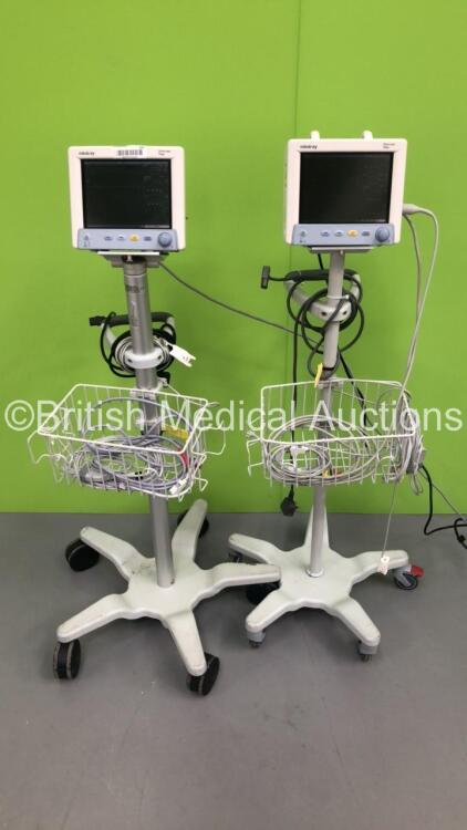 2 x Mindray Datascope Tiro Patient Monitors on Stands with SPO2, T1, ECG and BP Options and ECG Leads (Both Power Up)