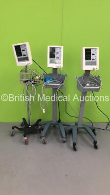 3 x Mindray Datascope Accutorr Plus Vital Signs Monitors on Stands with SPO2 Finger Sensors and BP Hoses (All Power Up)