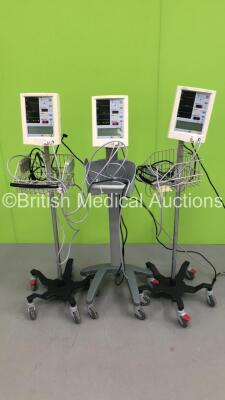 3 x Mindray Datascope Accutorr Plus Vital Signs Monitors on Stands with SPO2 Finger Sensors and BP Hoses (All Power Up)
