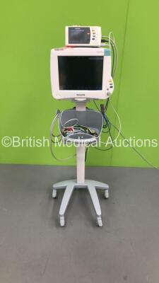 Philips IntelliVue MP50 Anaesthesia Monitor M8004A Ref 882116 *Mfd 2009* on Stand with Philips IntelliVue X2 Patient Monitor M3002A Ref 865039 *Mfd 2014* with Press, Temp, NBP, SPO2 and ECG/Resp Options (Powers Up)