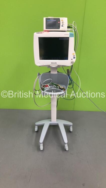 Philips IntelliVue MP50 Anaesthesia Monitor M8004A Ref 882116 *Mfd 2009* on Stand with Philips IntelliVue X2 Patient Monitor M3002A Ref 865039 *Mfd 2014* with Press, Temp, NBP, SPO2 and ECG/Resp Options (Powers Up)