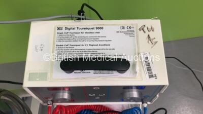 1 x Mindray Datascope Accutorr V Vital SIgns Monitor on Stand with SPO2 Finger Sensor and BP Hose and 1 x VBM Digital Tourniquet 9000 on Stand with Hoses (Both Power Up) - 3