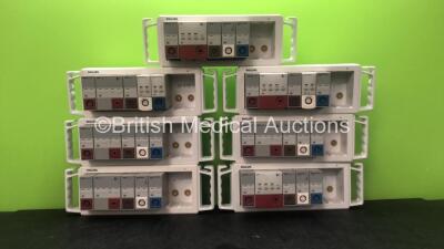 7 x Philips M1041A with 7 x Philips M1008B NBP Modules, 7 x Hewlett Packard M1006B Modules, 7 x Hewlett Packard M1029A TEMP, 7 x Hewlett Packard M1002B Modules and 7 x Hewlett Packard M1020A SpO2/PLETH Modules